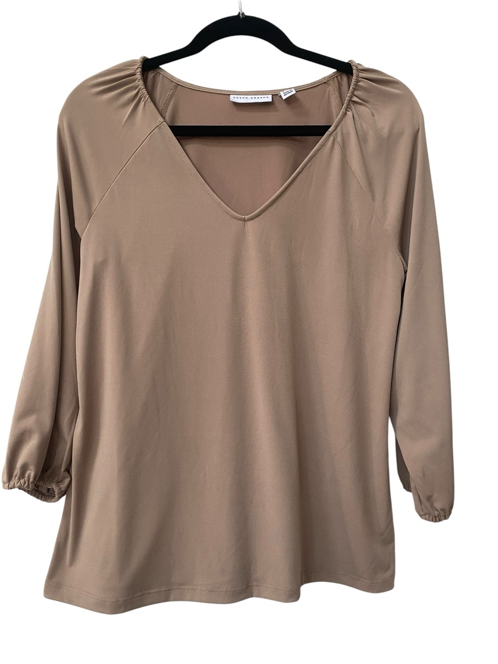 Susan Graver V-Neck 3/4 Sleeve Top Taupe Neutral size Small